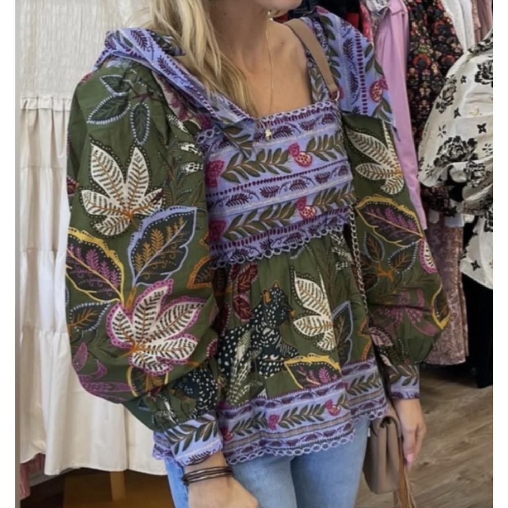 NEW Farm Rio S Top Tropical Multi Green Wild Jungle Blouse Long Puff $185 D56 - Picture 2 of 8